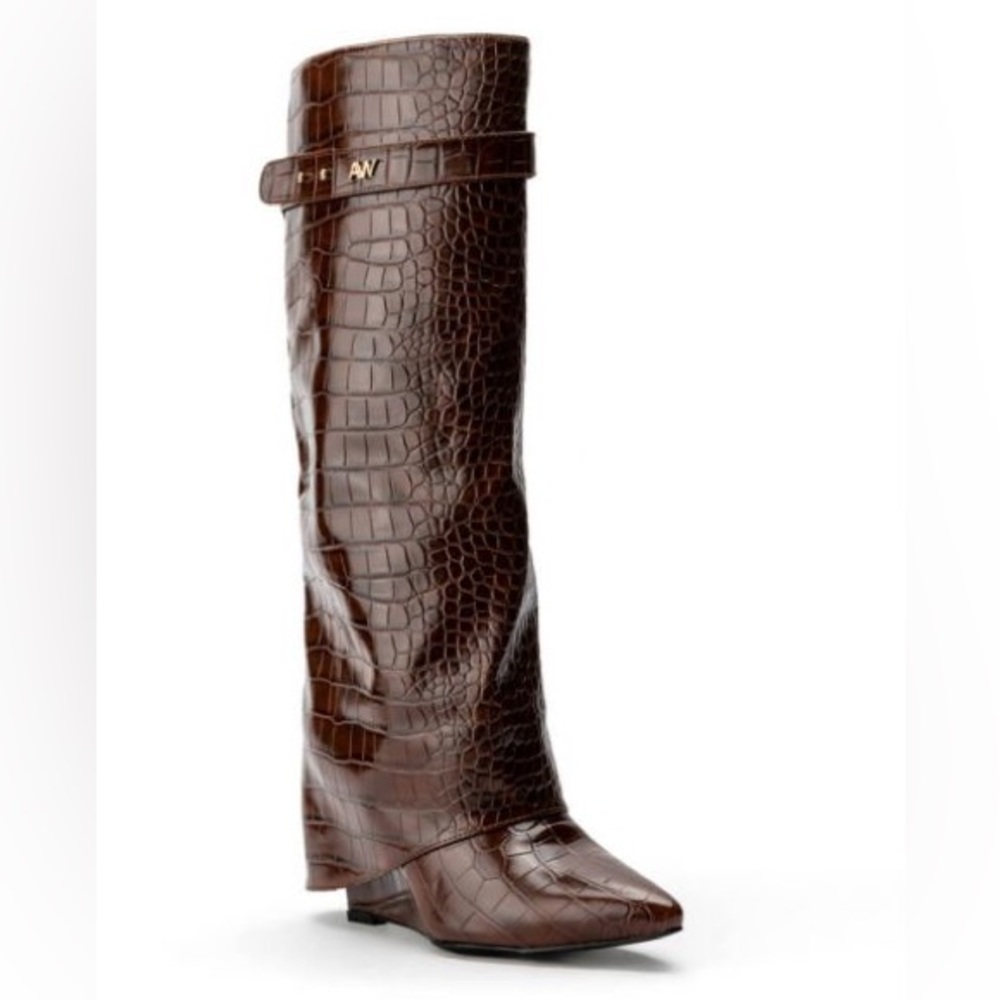 Azalea Wang Brown Vegan Leather Fold Over Knee High Wedge Boots